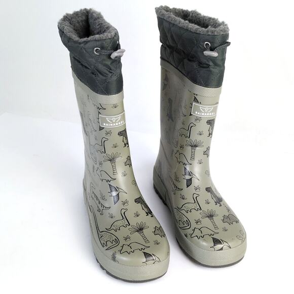RainAngel Kids Boys 4 Gray Dinosaur Print Rubber Rain Boots, Insulated Lining - Picture 3 of 11
